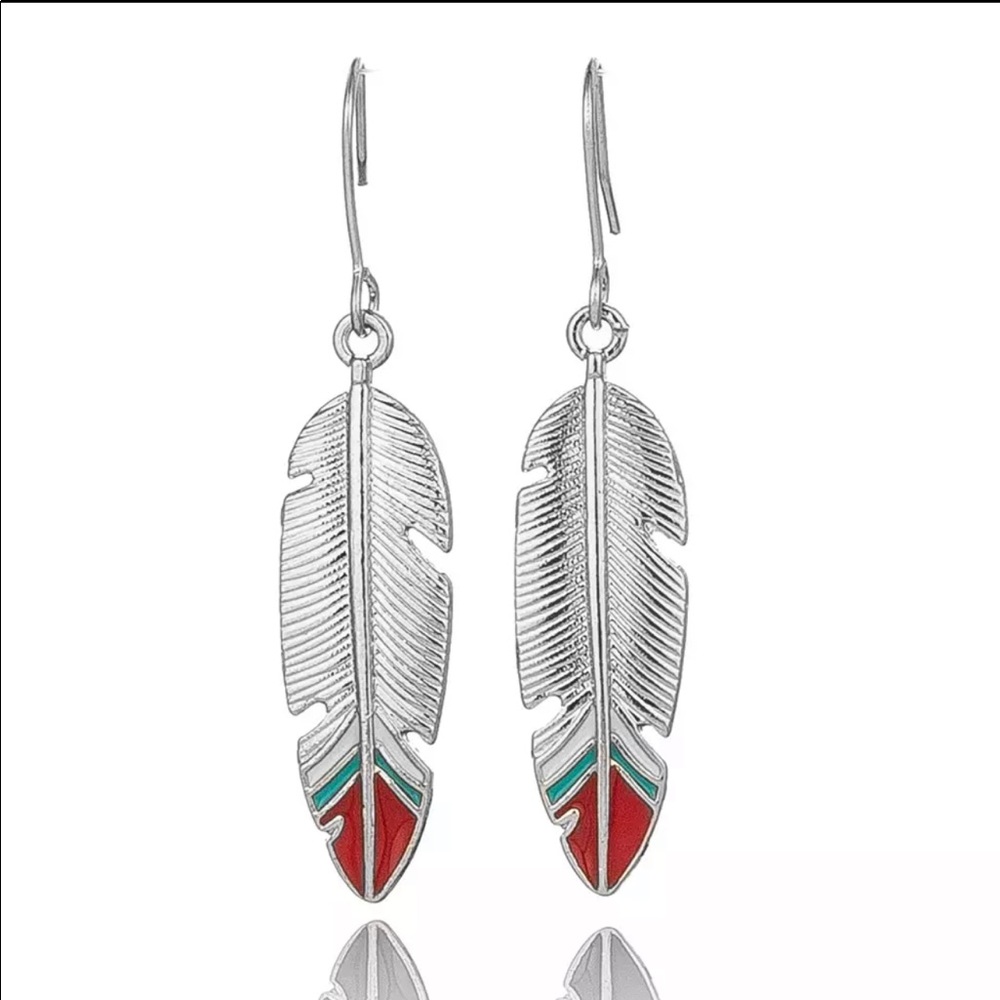 Feather earrings Silver Jewelry boho chic western red turquoise Yellowstone